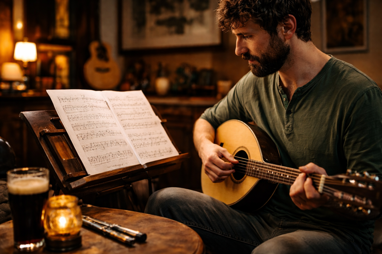 Musician playing Irish bouzouki beside sheet music in a warmly lit pub during an Irish traditional music session